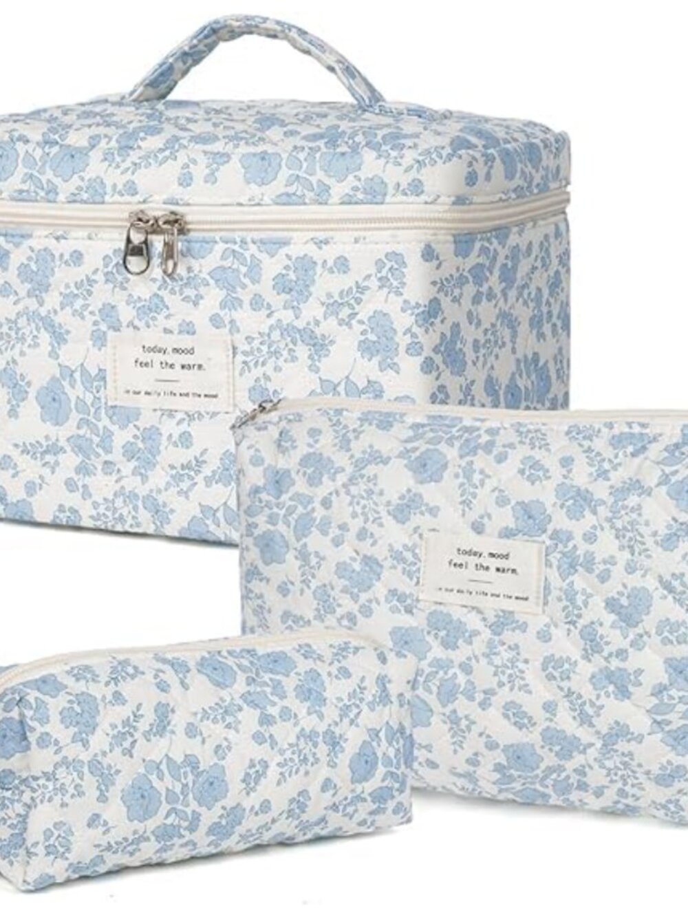 3pc Quilted Cotton Makeup Bag Set Floral Cosmetic Pouch Travel Toiletry